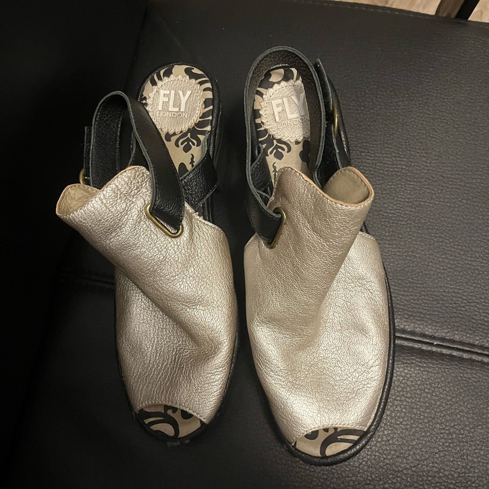 Fly London Beige and Black Peep-Toe Slingback Sandal - Picture 3 of 7